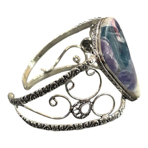 925 Sterling Silver Rainbow Fluorite Pear Shaped Gemstone Boho Cuff Bracelet - Picture 5 of 12